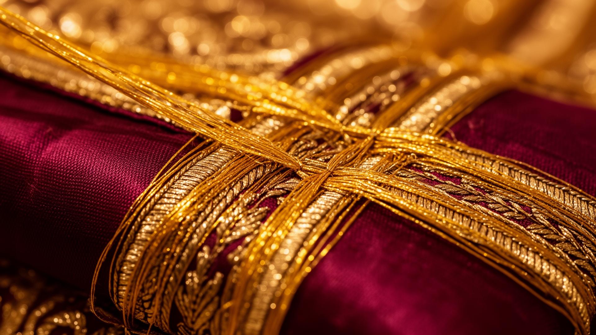Golden zari threads on silk fabric